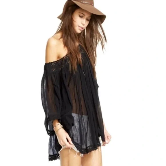 Ralph Lauren Denim & Supply Black off shoulder gauze lace Top w/ bell sleeves - Picture 8 of 16